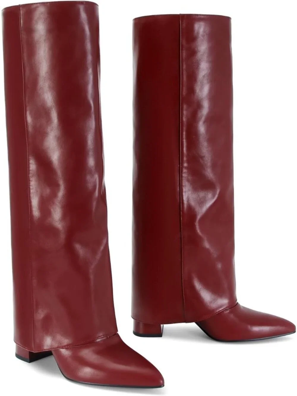 Women's Red Pointed Toe Faux Leather Chunky Heel Fold Over Knee High Boots